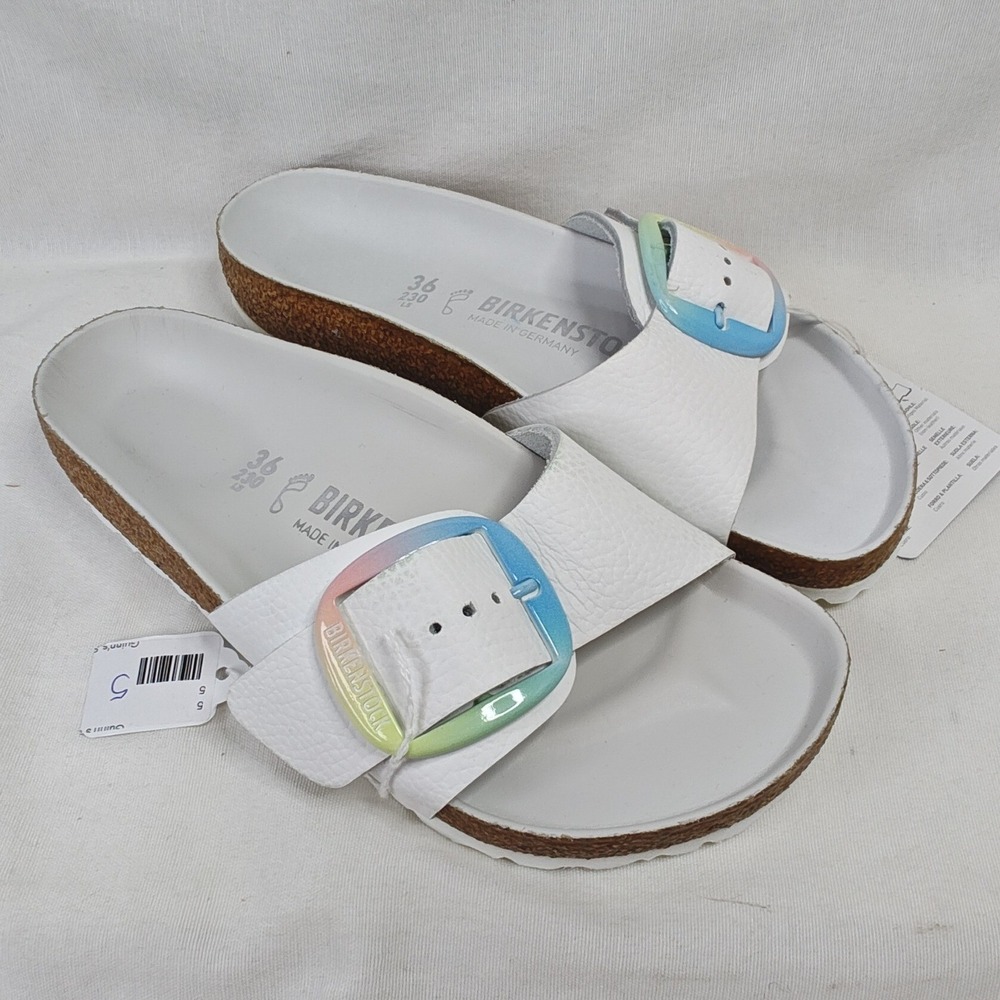 Birkenstock Madrid Big Buckle Sandals 36 White Rainbow Ombre Slide Shoes
